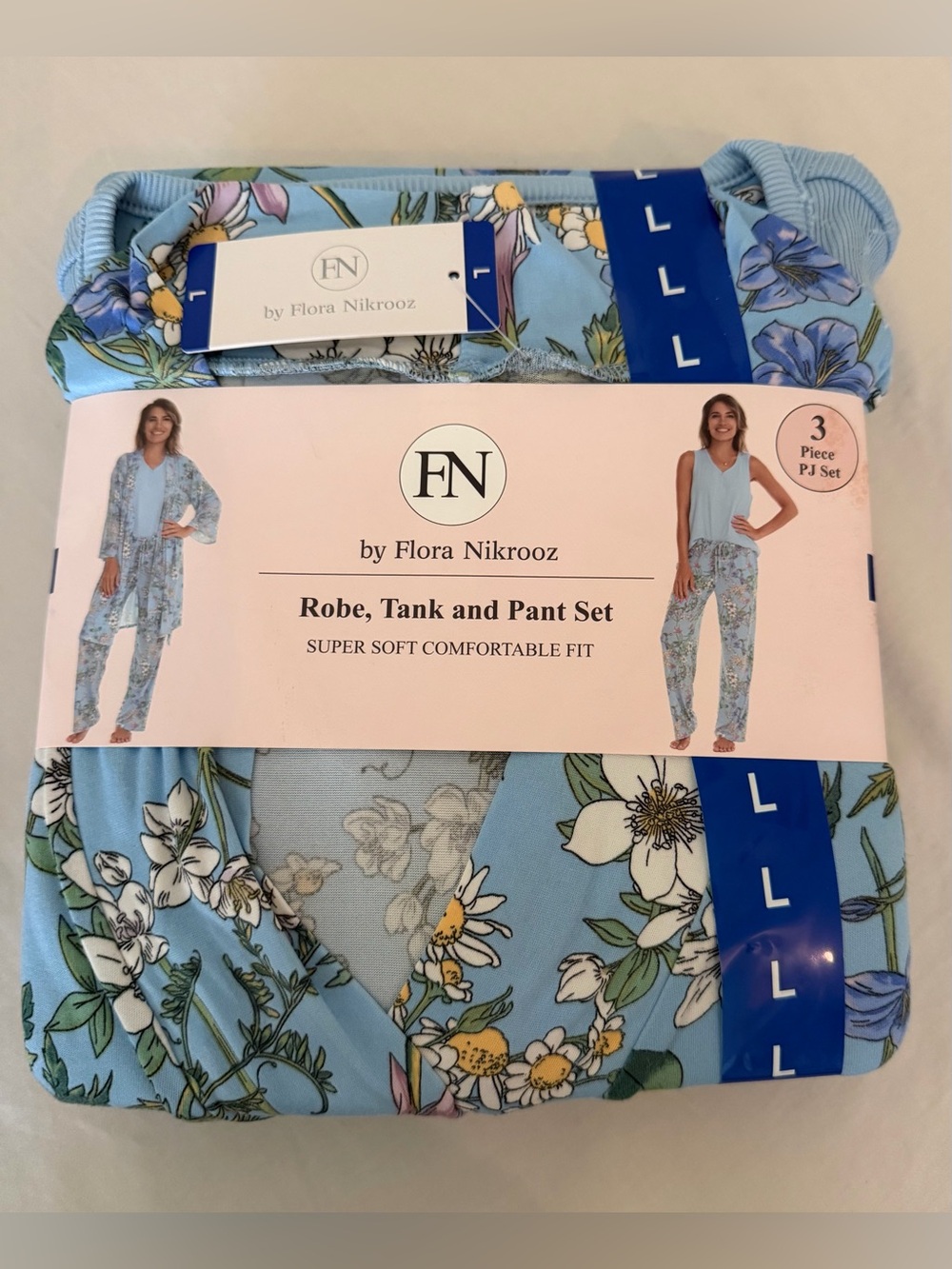 Flora Nikrooz Blue Floral Kids Pajama Set with Robe, Tank & Pants